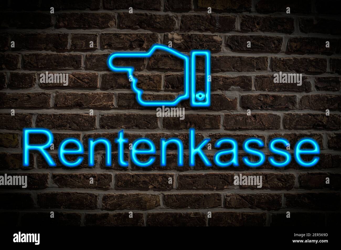 Detail photo of a neon sign on a wall with the inscription Rentenkasse (Pension fund) Stock Photo