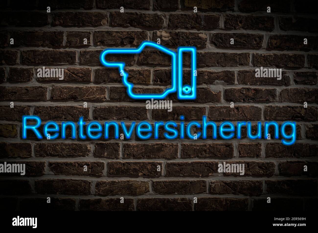 Detail photo of a neon sign on a wall with the inscription Rentenversicherung (Pension insurance) Stock Photo