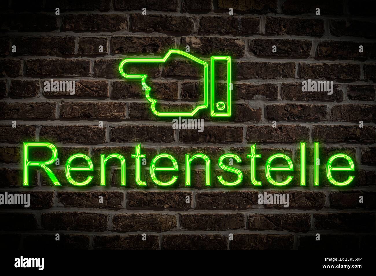 Detail photo of a neon sign on a wall with the inscription Rentenstelle (Pension office) Stock Photo