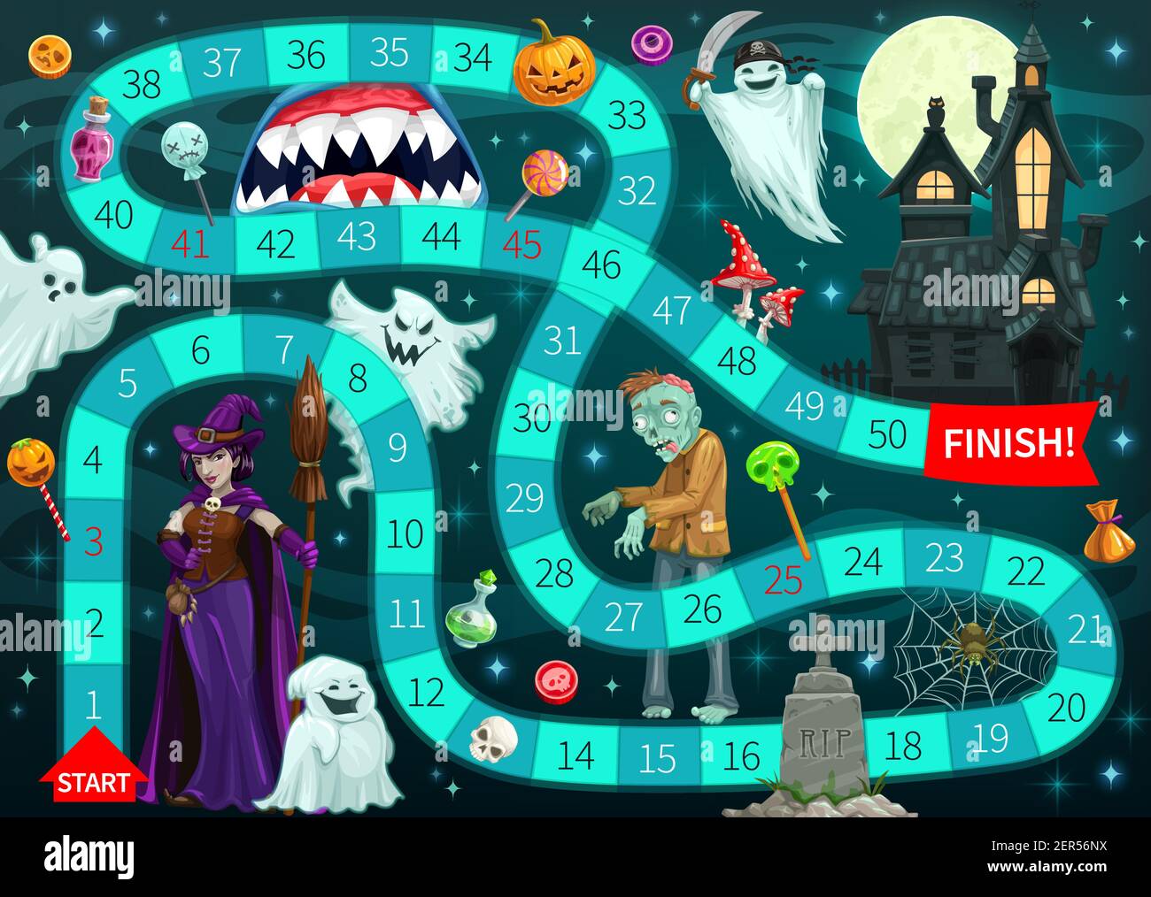 Start to finish board game vector template with cartoon Halloween monsters  background. Boardgame, maze or puzzle with map of horror route to haunted h  Stock Vector Image & Art - Alamy