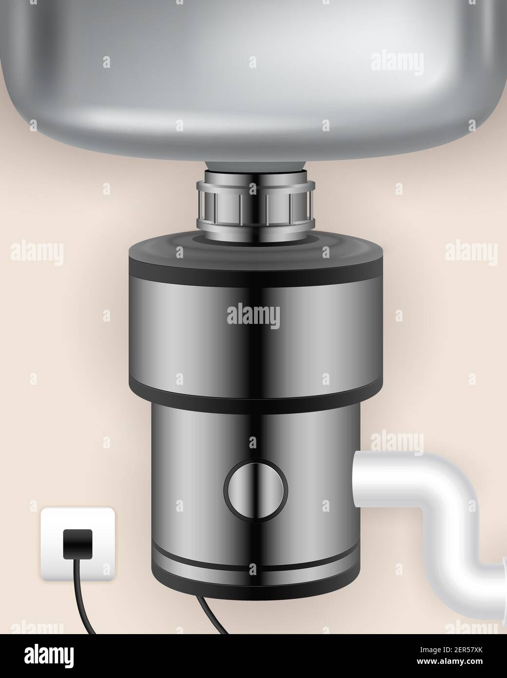 Realistic food waste disposer installed to kitchen sink and connected to electric socket vector