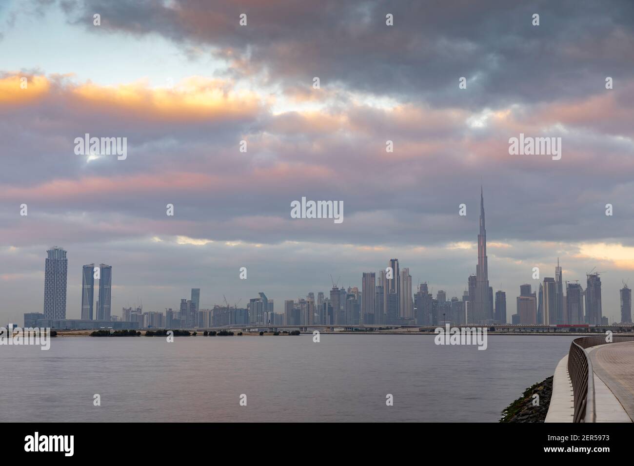 Dubai, United Arab Emirates, 27th February 2021: dubai skyline over Creek at sundrise Stock Photo