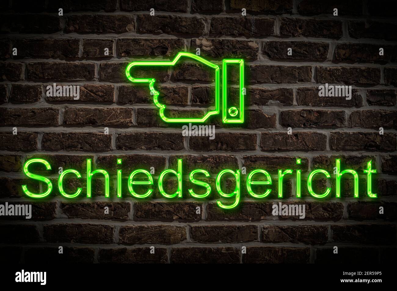 Detail photo of a neon sign on a wall with the inscription Schiedsgericht (Court of Arbitration) Stock Photo