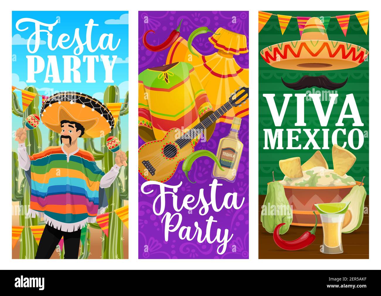 Viva Mexico fiesta party vector banners with Mexican holiday food and ...