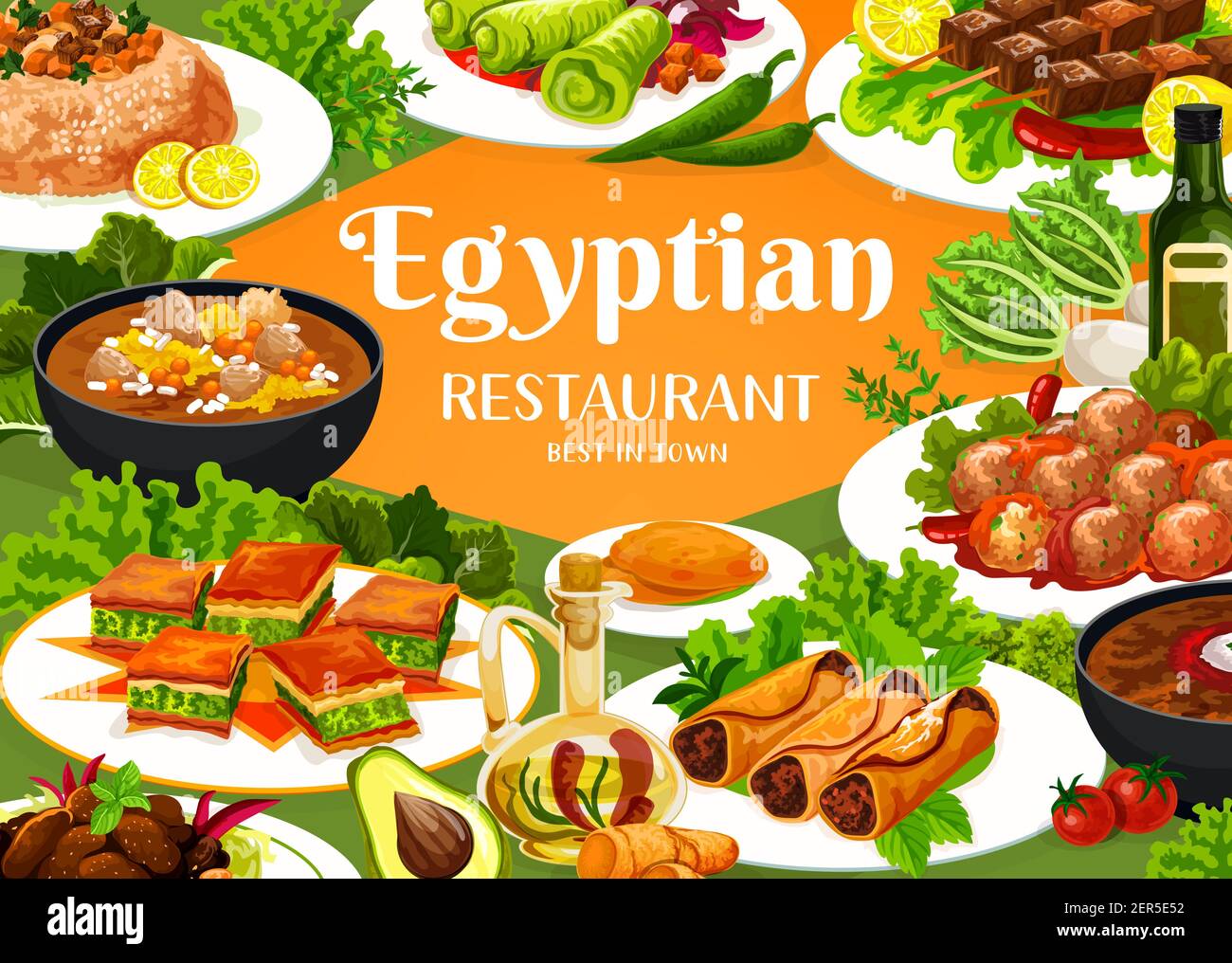 Egyptian Food Restaurant Vector Banner Trotter Soup And Sardine Patties Lamb With Prunes Stuffed Cabbage And Rolls Kebab With Saffron Sweet Bakla Stock Vector Image Art - Alamy