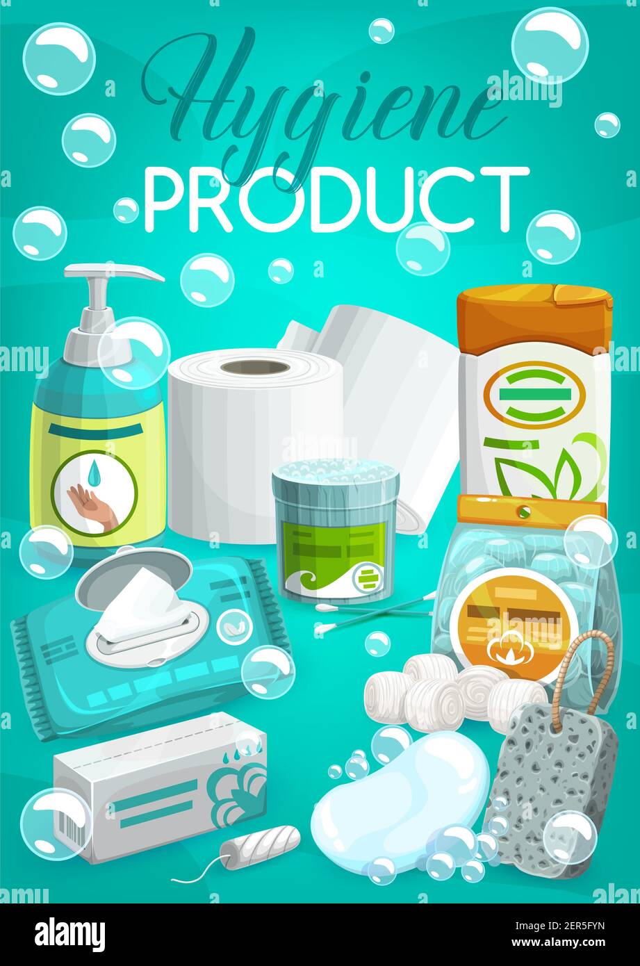 Personal hygiene products toiletries banner. Liquid soap or hand sanitizer, wipe tampon and toilet paper, cotton swabs and balls, shampoo Vector Image & Art - Alamy