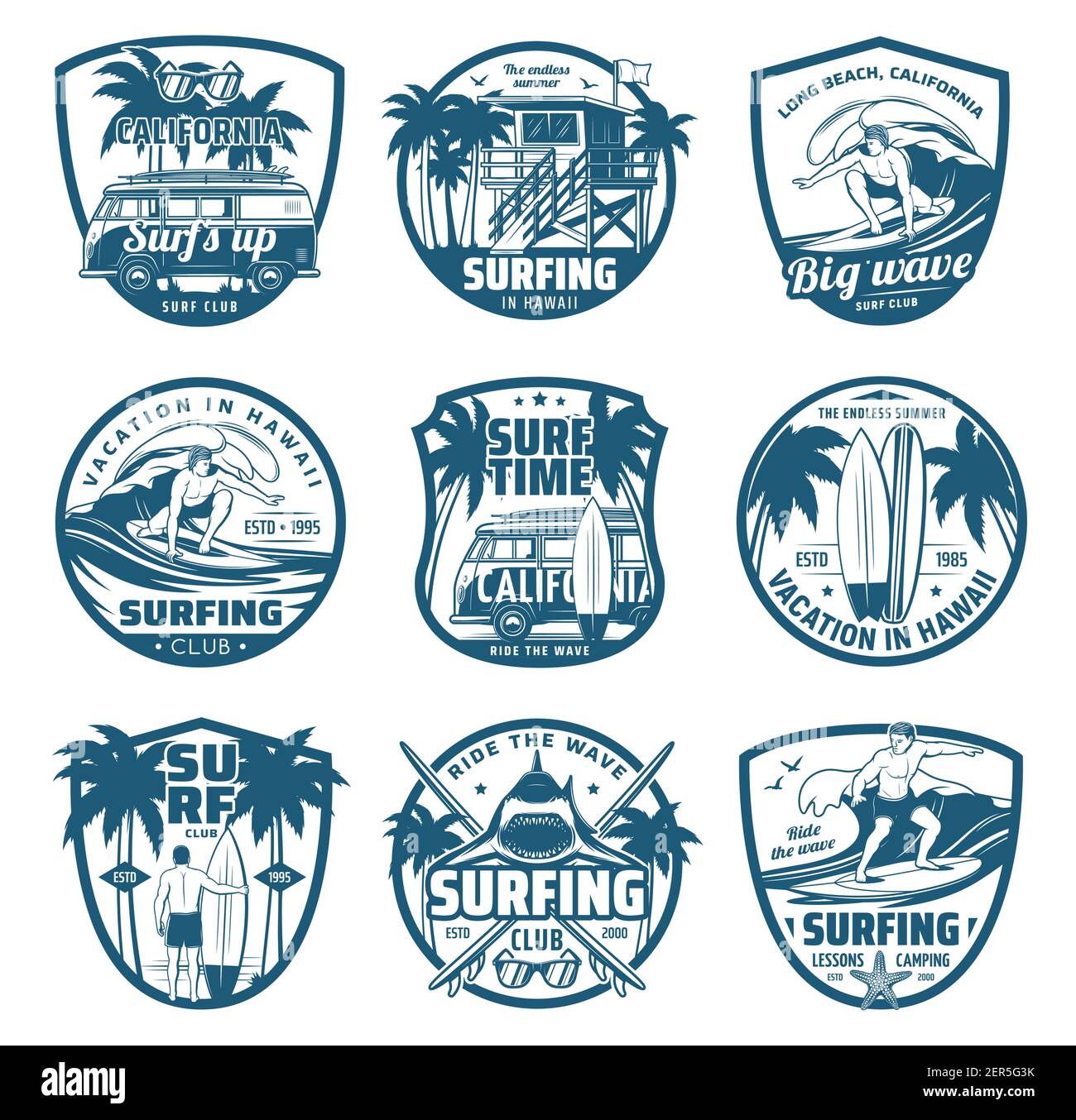 Surfing sport isolated vector icons, surfer club symbols with surf board, sportsman on big wave, traveling van and palm trees. Vacation on Hawaii, Cal Stock Vector