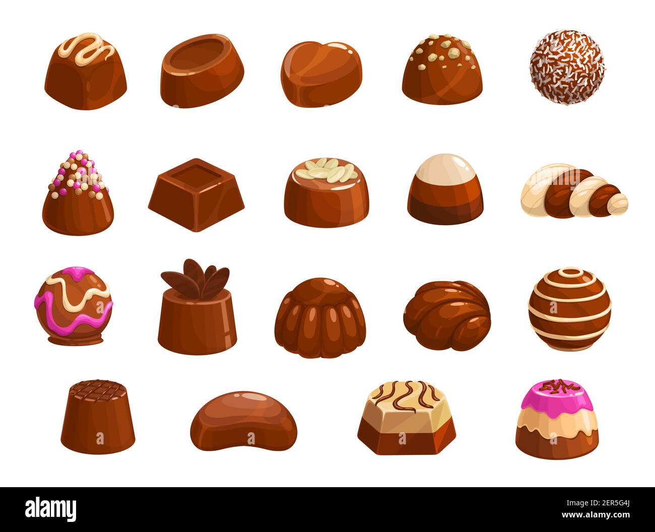 Chocolate candies vector icons. Sweet desserts, choco candies with