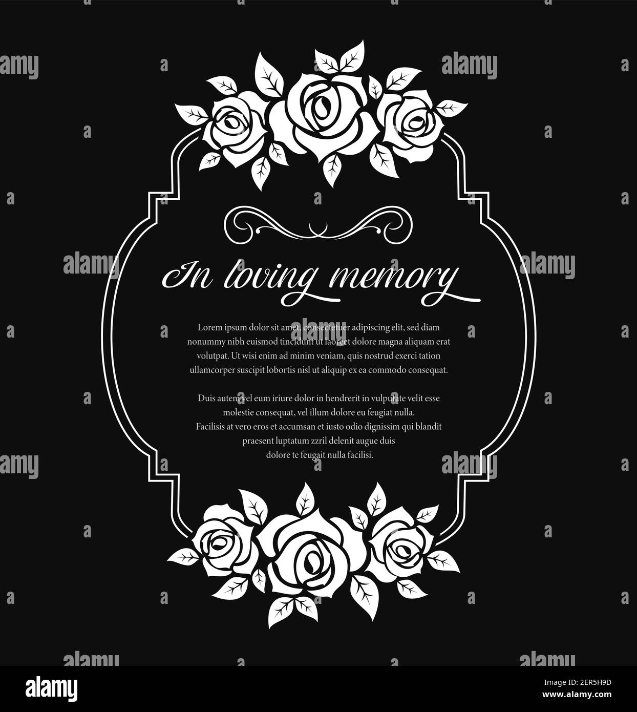 Funeral frame with mourning condolence and roses flowers. Funerary vector frame with in loving memory obituary condolence and floral ornament. Mortuar Stock Vector