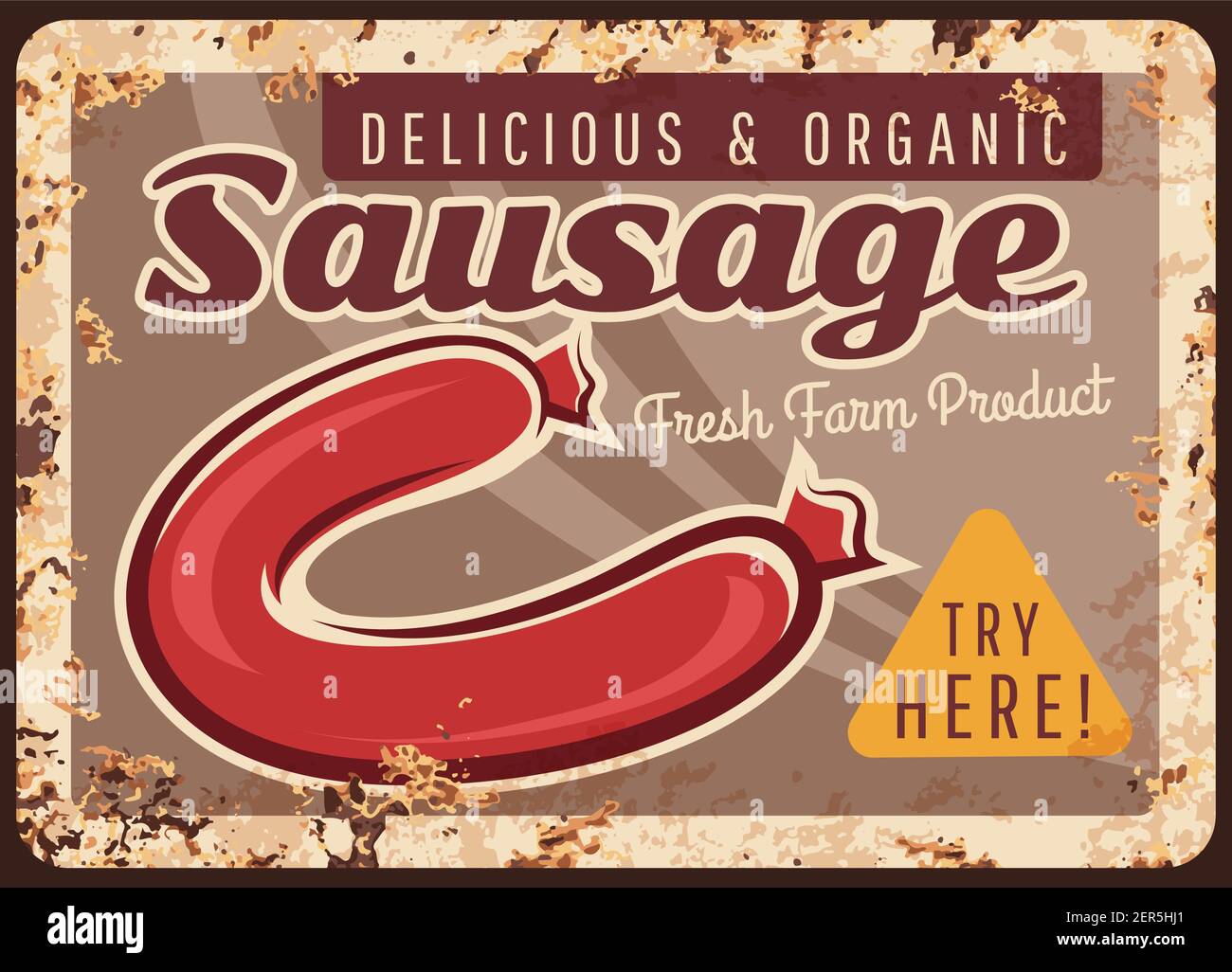 Sausage rusty metal plate with fresh farm meat product. Vector delicatessen meal vintage rust tin sign, Butcher shop gourmet production ferruginous ca Stock Vector