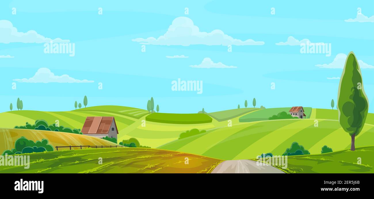Farm on nature rural vector background with green field, houses or barns  under blue cloudy sky. Farming, cartoon countryside farmland tranquil  summer Stock Vector Image & Art - Alamy