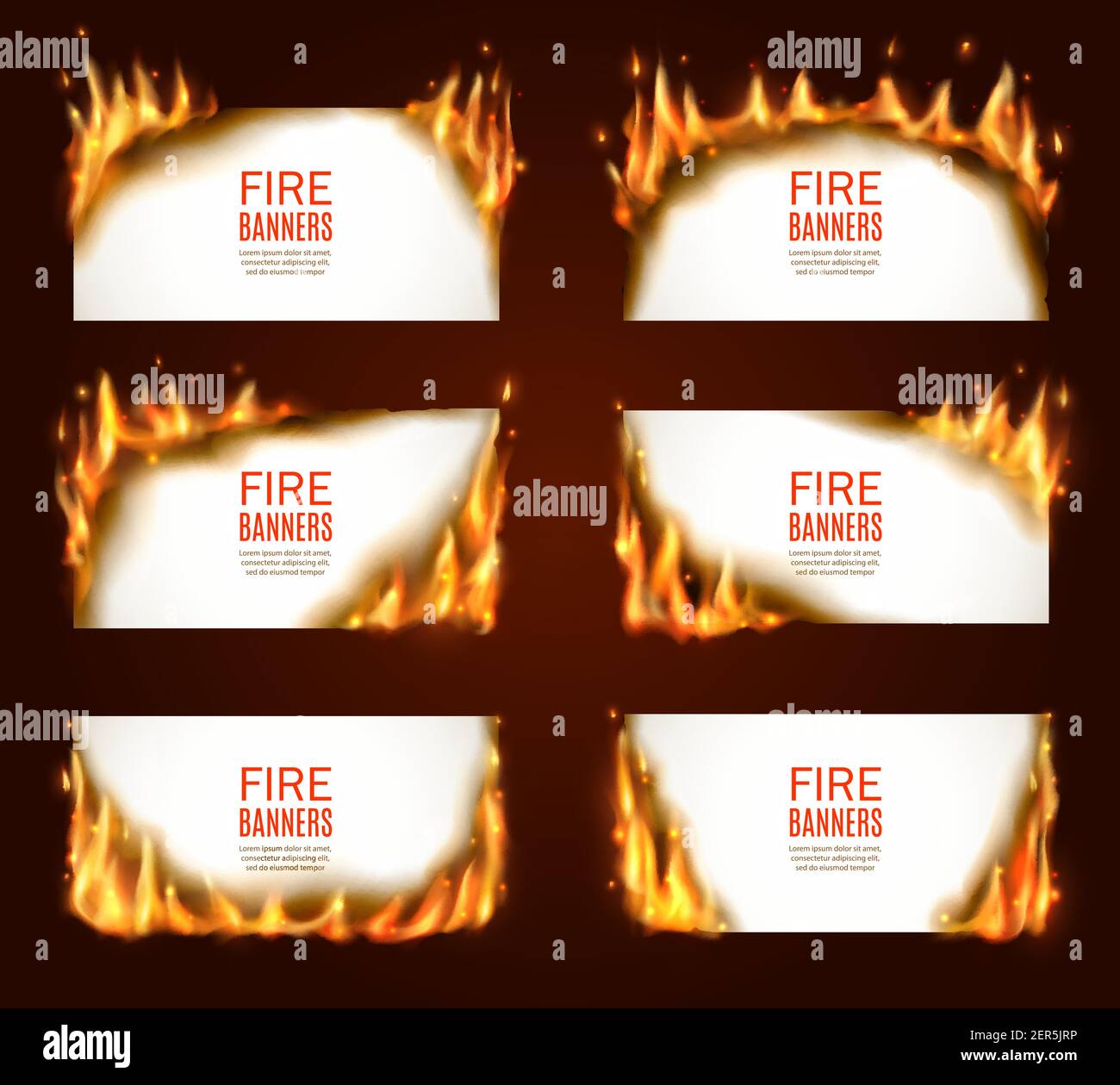 Fire banners, burning paper, vector horizontal pages with flame and ...