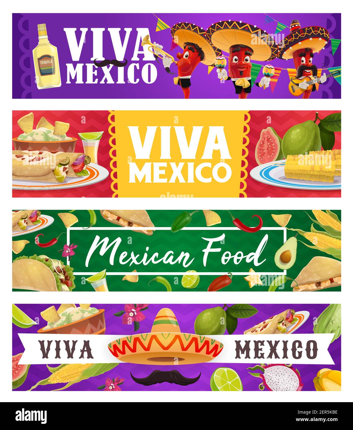 Mexican holiday food and chilli musician, Viva Mexico vector banners ...