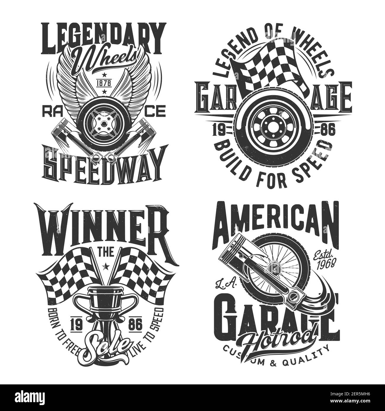 Racing sport, motocross speedway t-shirt prints for cars races and rally, vector icons. Racing championship and motorcycle speedway cup, wheels on fir Stock Vector