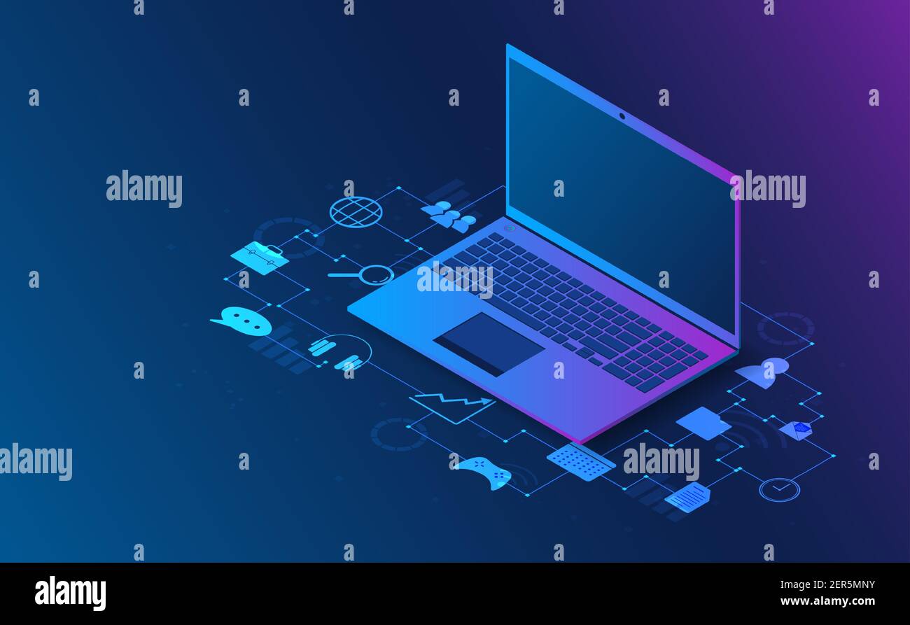 Isometric laptop analysis information. Futuristic concept.vector and illsutration Stock Vector