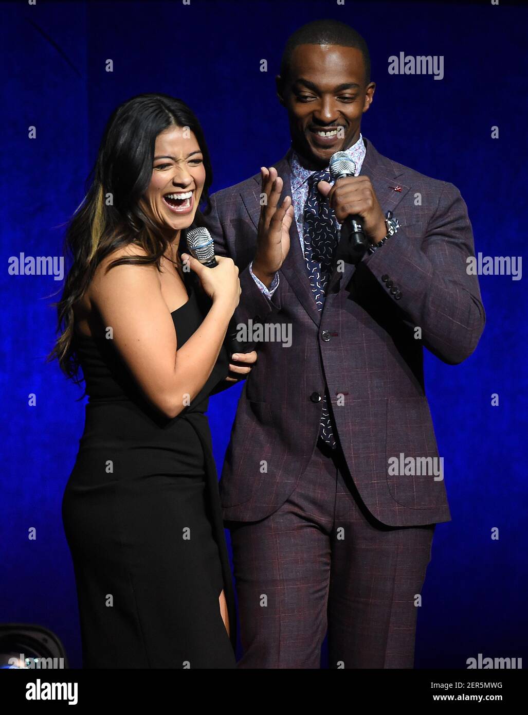 Las Vegas Nv April 23 Actors Gina Rodriguez And Anthony Mackie Onstage At The Sony Pictures Entertainment Presentation At Cinemacon 18 At The Colosseum At Caesars Palace On April 23 18