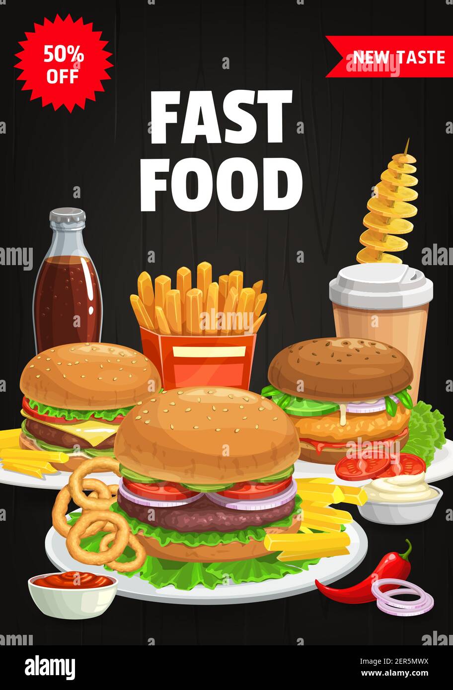 Fast food menu cover, vector burgers and combo snacks hamburger
