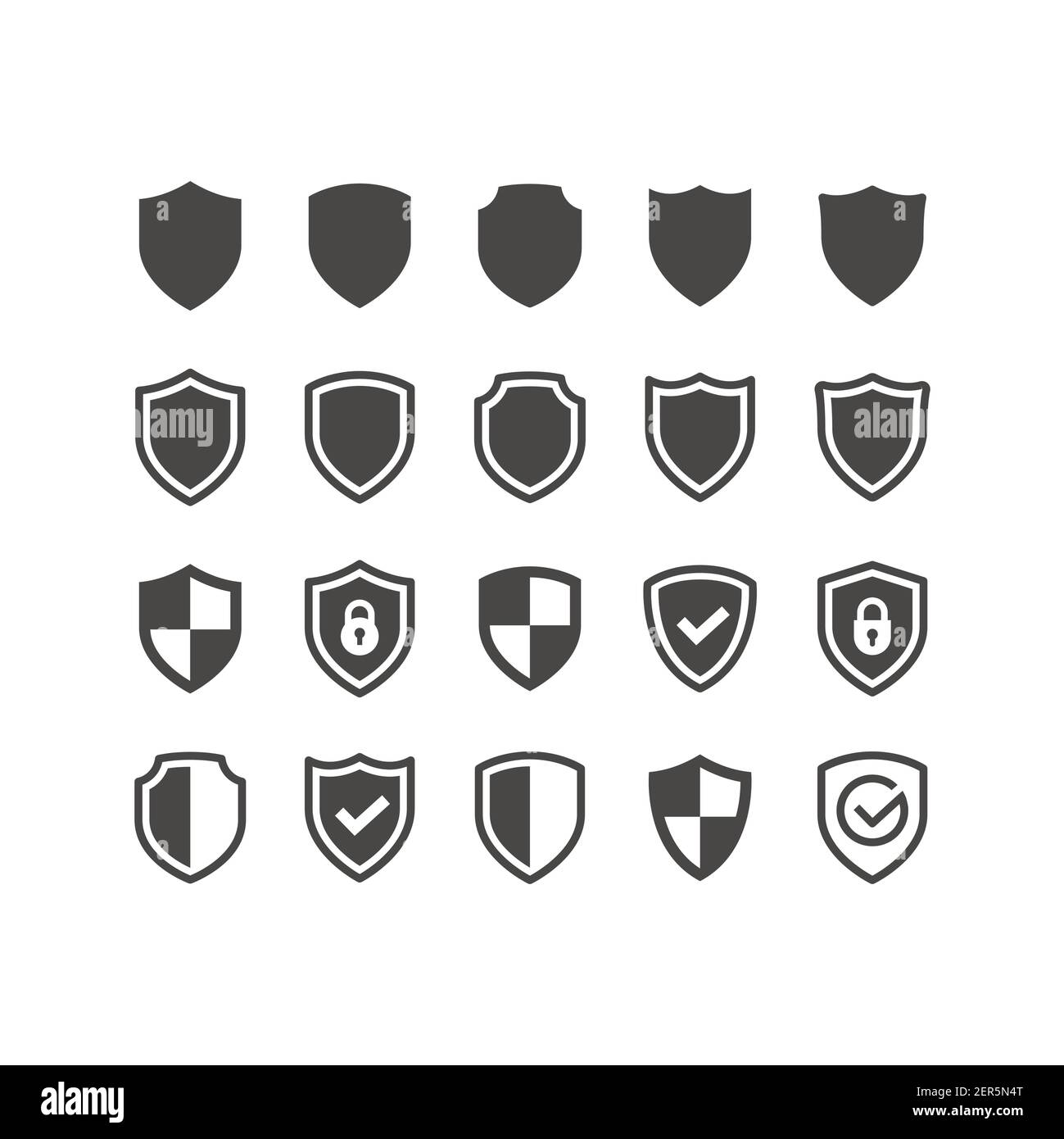 Shield black vector icon set. Shields with checkmark or tick symbol and padlock glyph icons. Stock Vector