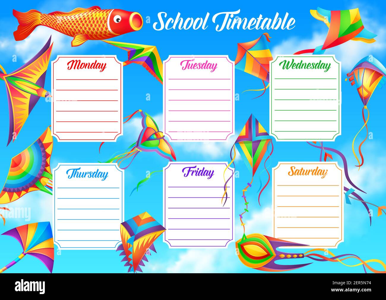 School timetable template with flying in sky kites. Student lessons