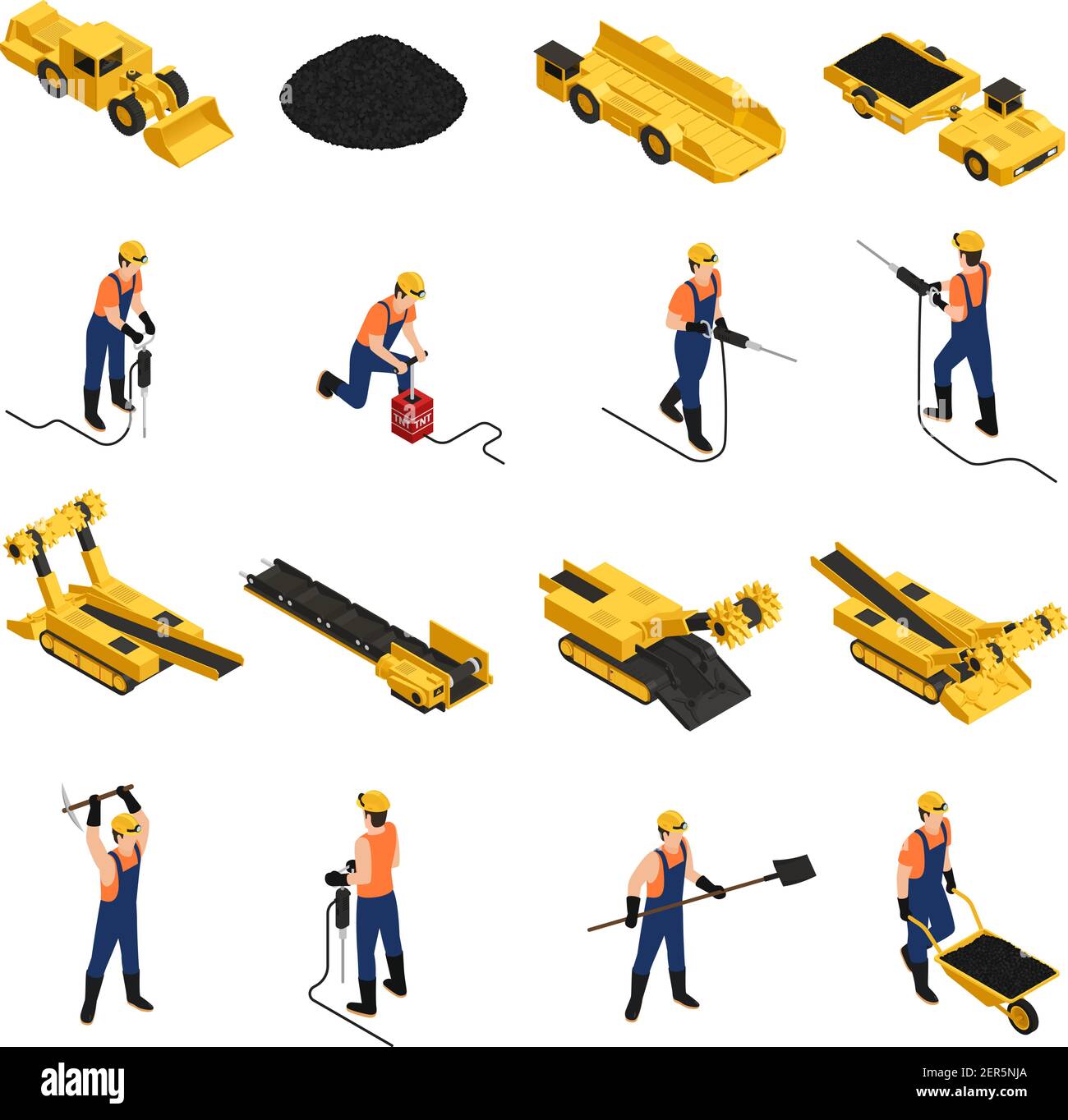 Set of isometric icons coal production miners with working tools and ...