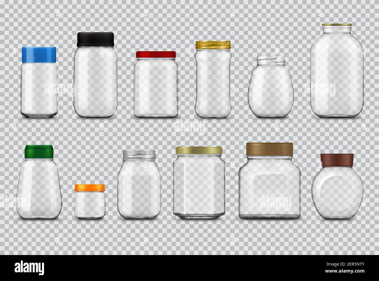 Glass jars with lids realistic mockup, vector food packages. Empty