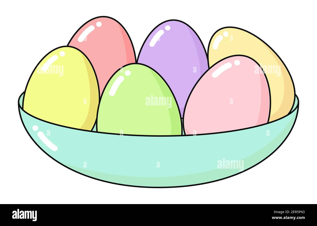Happy Easter card with painted eggs in plate. Holiday concept coloring in bright colors - pink, blue, yellow, green and coral. Square vector flat illu Stock Vector