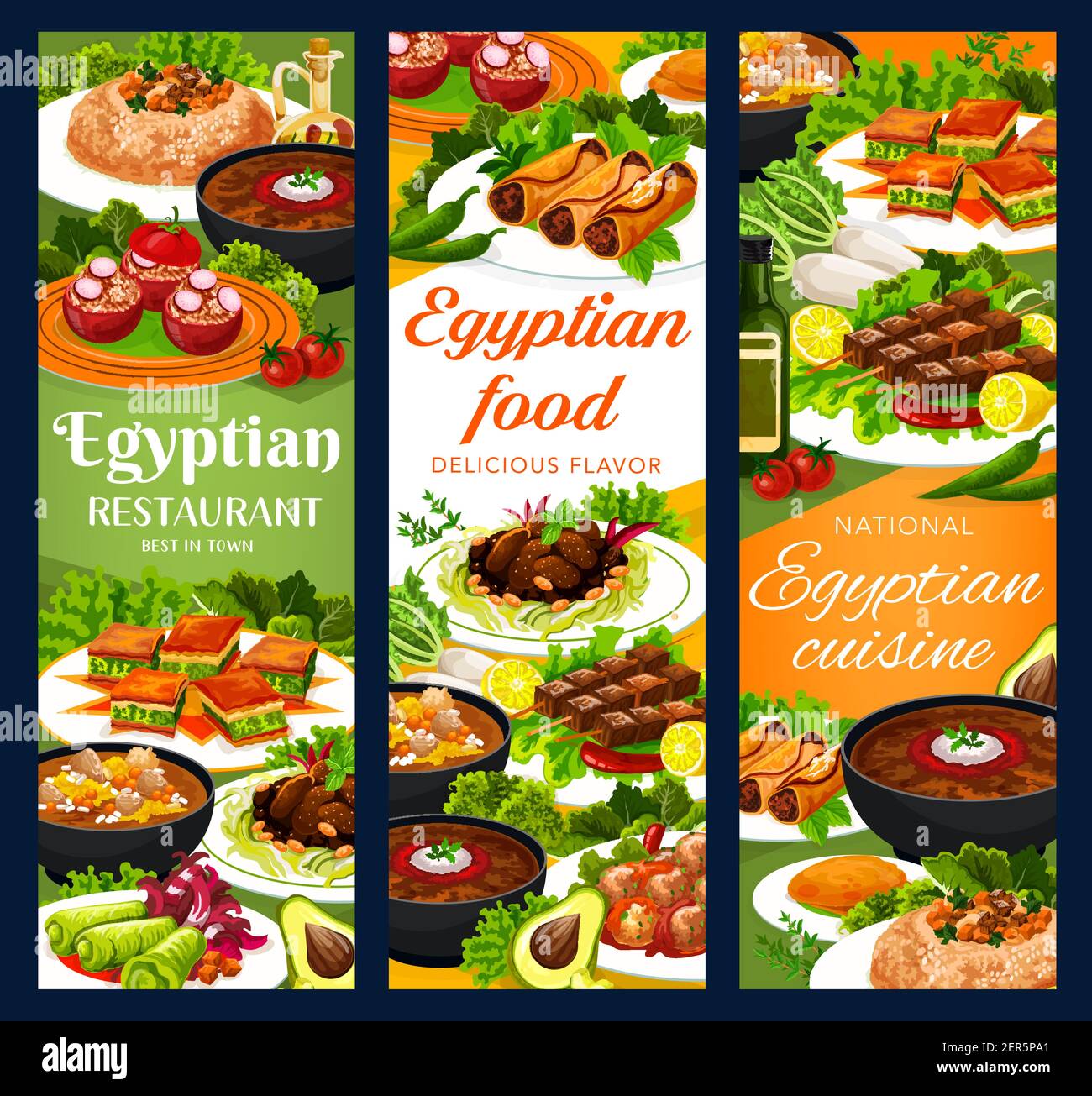 Egyptian cuisine restaurant meals vector banners. Sardine patties, stuffed tomatoes, cabbage and rolls, shish kebabs with saffron, lentil and trotter Stock Vector