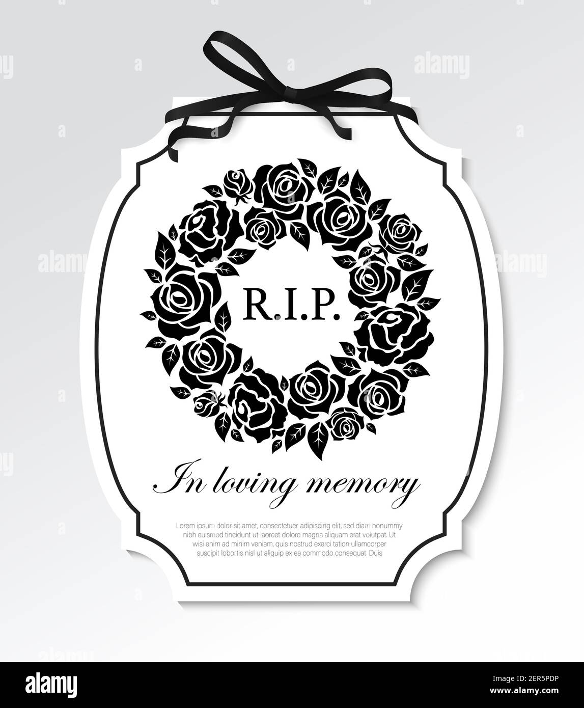 Funeral frame with black flowers round wreath, mourning ribbon bow and typography. Funereal card with RIP rest in peace and in loving memory condolenc Stock Vector