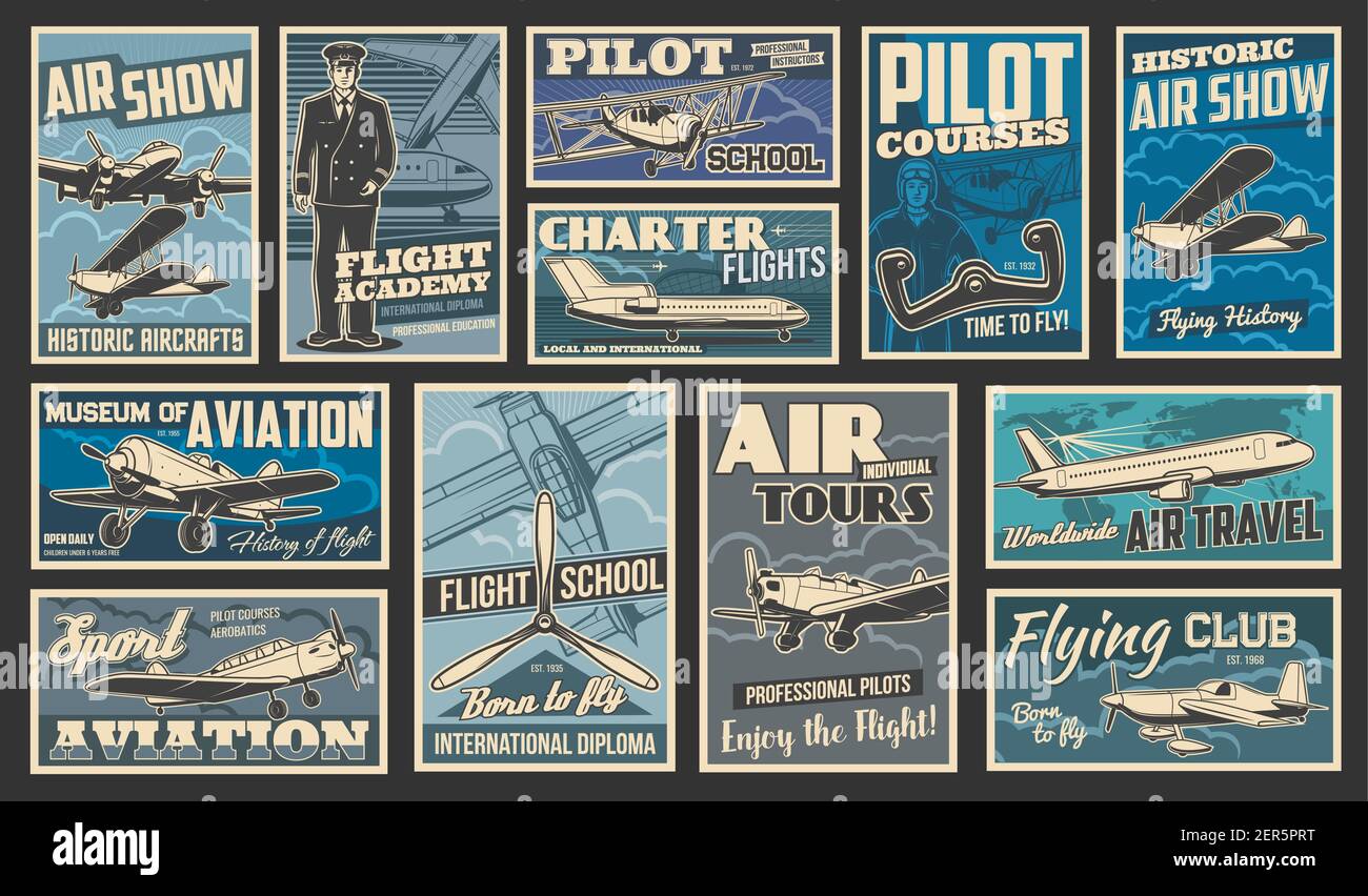Plane flying and aircraft flight, aviation vintage retro retro posters