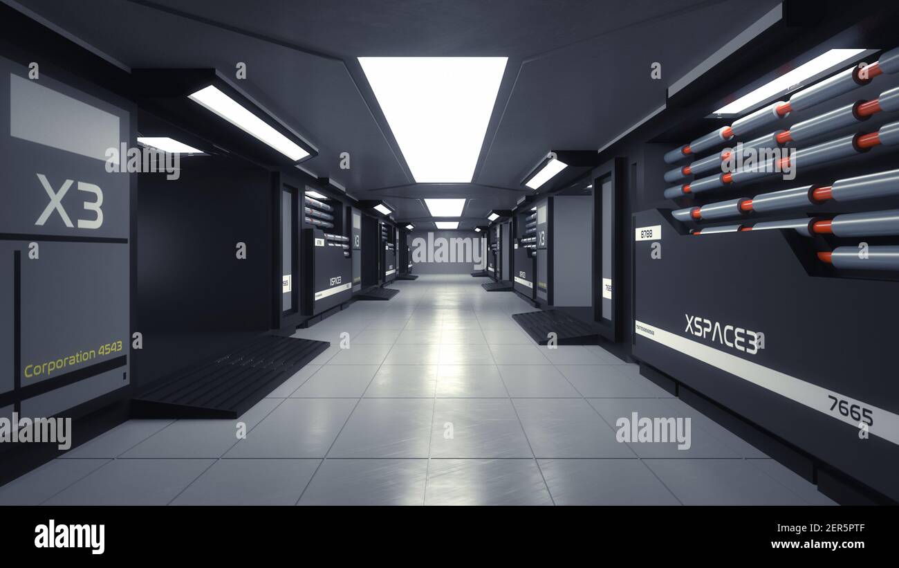 3d render. Futuristic hallway. Concept of modern architecture and interior spaceship Stock Photo