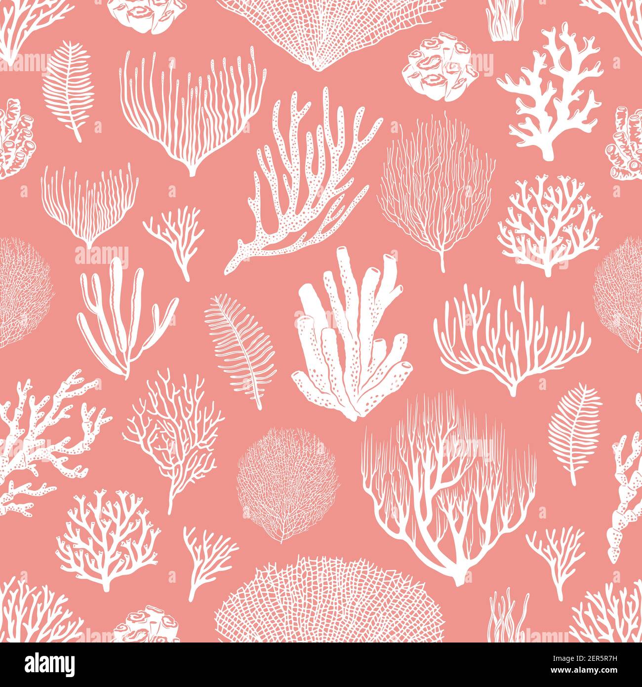 Corals and algae vector seamless pattern on pink background. Sea coral reef polyps and seaweeds, tropical ocean underwater wildlife and marine flora b Stock Vector