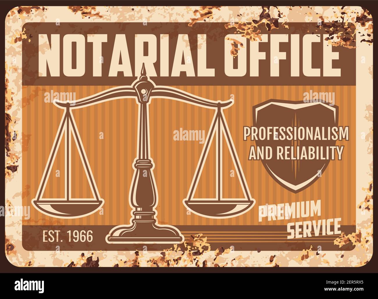 Notarial office rusty metal plate, vector notary service legal support center vintage rust tin