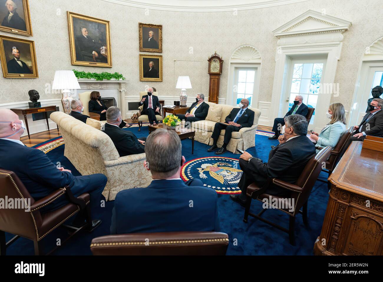 President Joe Biden and Vice President Kamala Harris meet with labor leaders Wednesday, Feb. 17, 2021, in the Oval Office of the White House. (Official White House Photo by Adam Schultz) Stock Photo