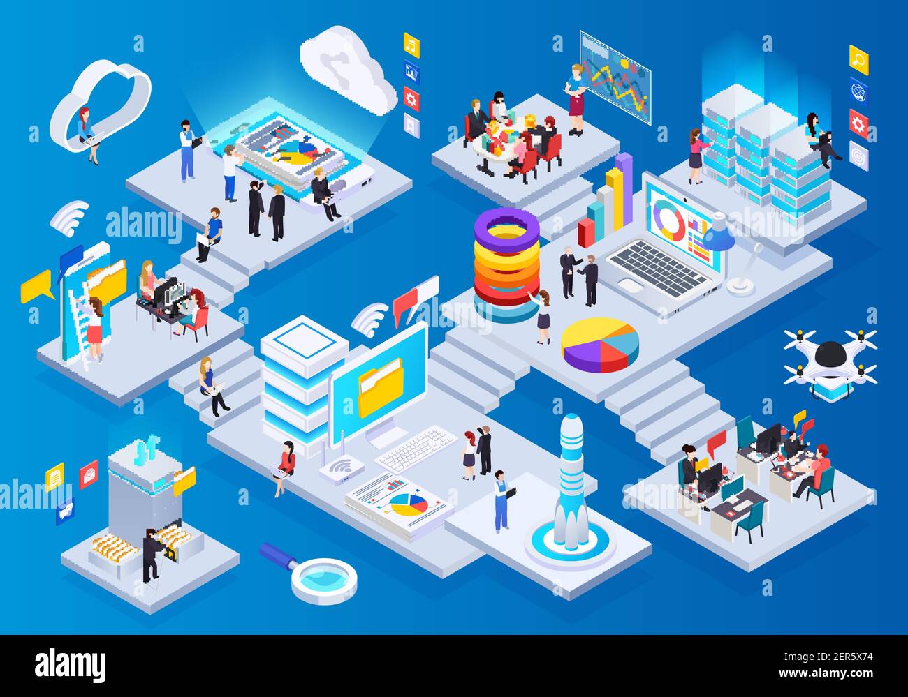 Wireless technology glow isometric composition with cloud big data ...