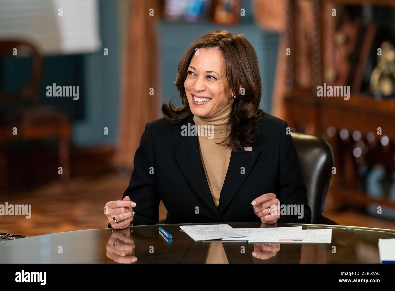 Vice President Kamala Harris sits for an interview with NBC’s “The Today Show”, Feb. 17, 2021, from her ceremonial office in the EEOB in Washington, D.C. (Official White House Photo by Lawrence Jackson) Stock Photo