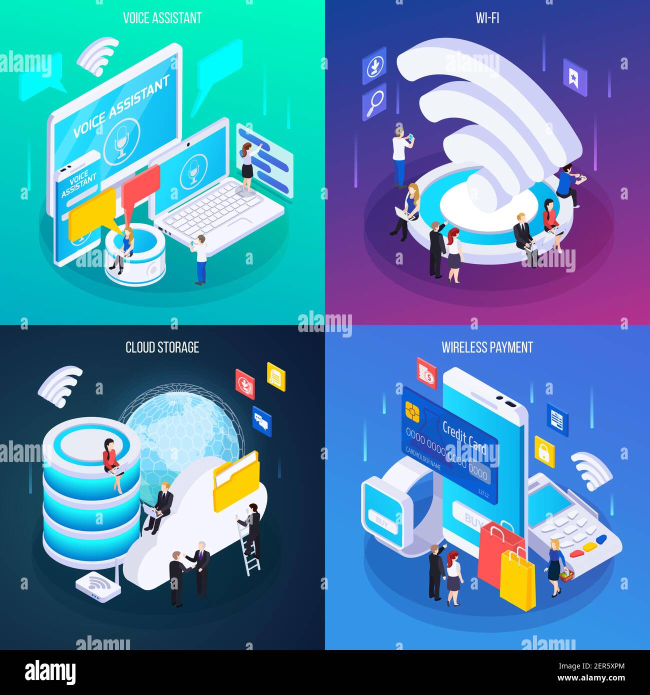 Wireless technology concept 4 glow isometric compositions with cloud storage voice assistant service wireless payment vector illustration Stock Vector
