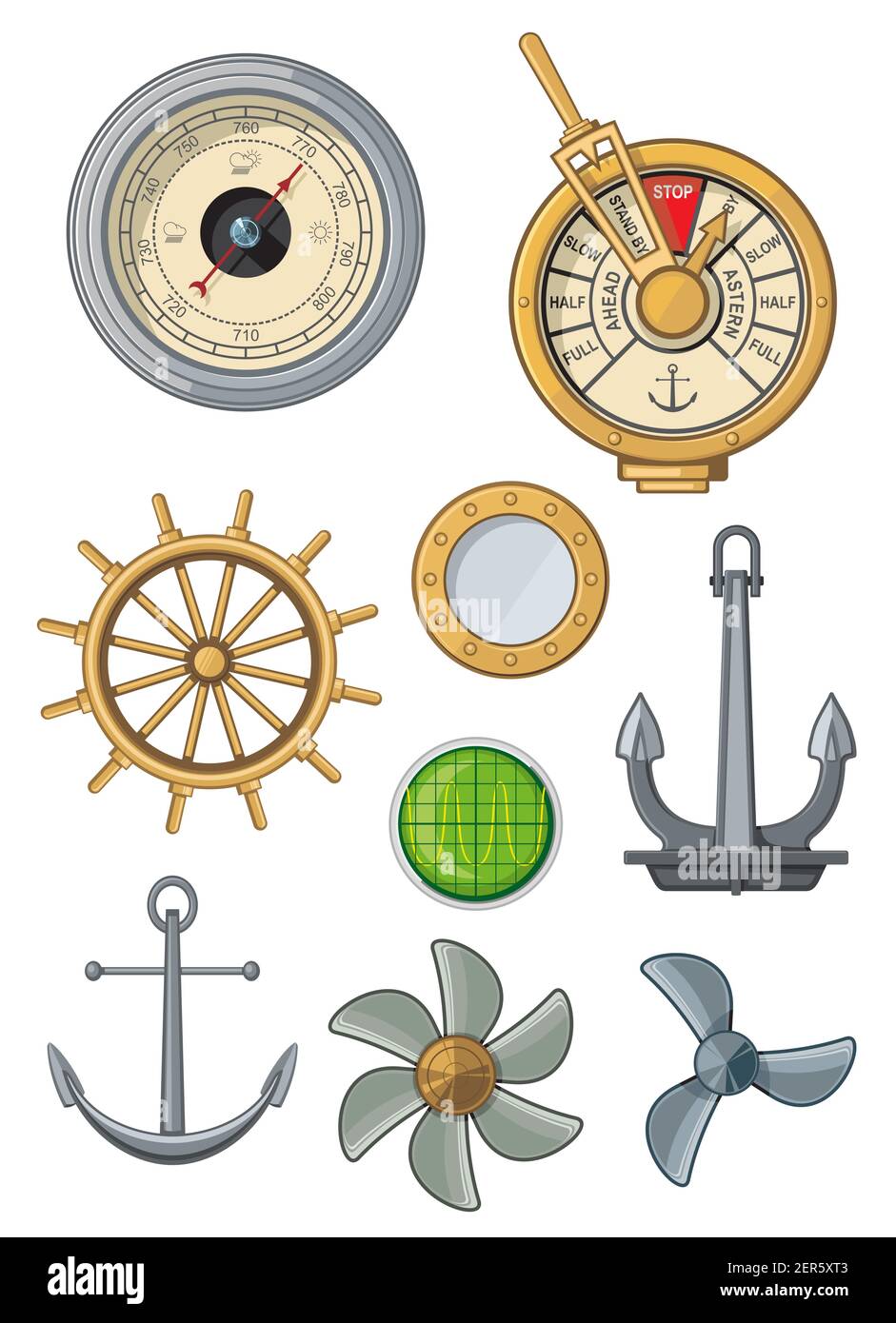 Marine and nautical ship icons of anchor, sailing and seafaring flat vector symbols. Nautical equipment, compass, ship helm steering wheel, engine pro Stock Vector
