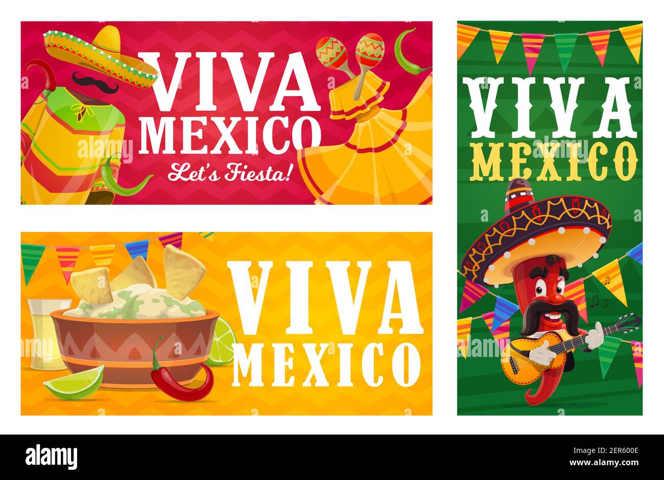 Viva Mexico vector banners with Mexican fiesta party food, chilli ...