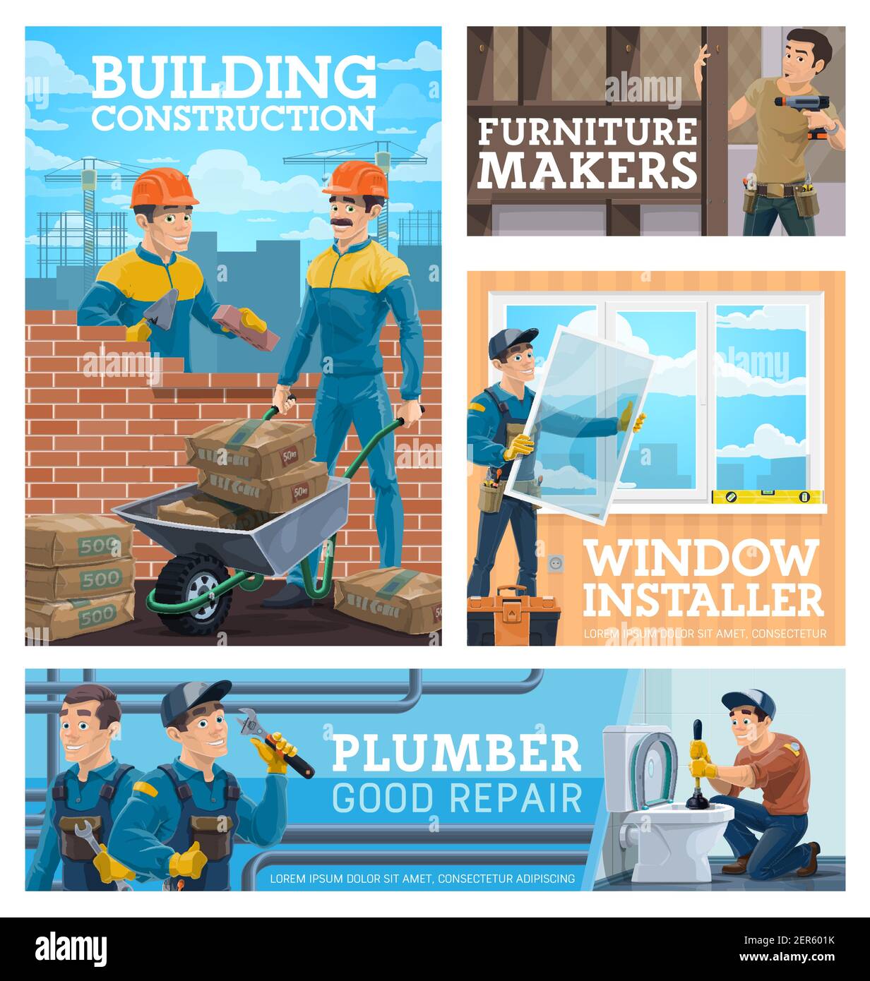 Construction workman, house repair and renovation handyman posters. Bricklayer laying wall and carrying cement in wheelbarrow, furniture maker assembl Stock Vector