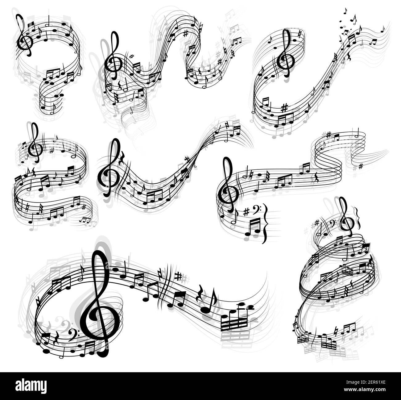Music notes vector set with swirls and waves of musical staff or stave