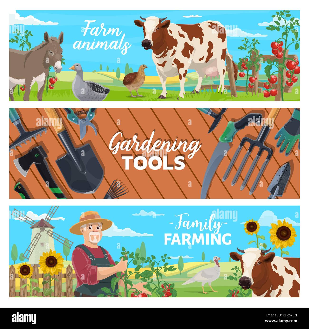 Farm animals, family farming and gardening tool banners. Farm poultry and livestock, vegetables harvest. Farmer growing tomatoes, milk cow and donkey, Stock Vector