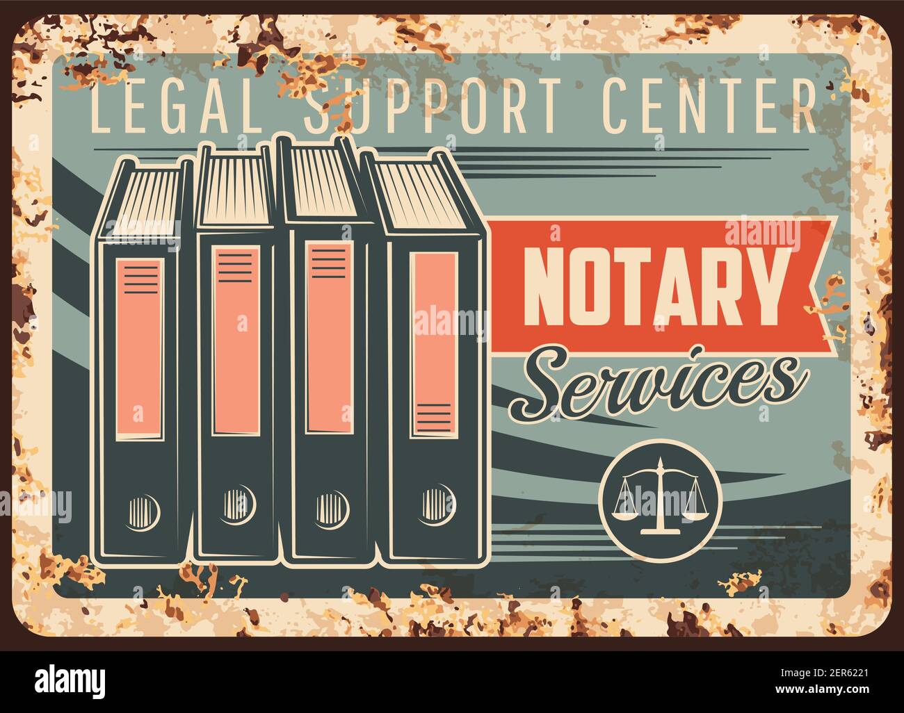 Notary service rusty metal plate, vector notarial office legal support center vintage rust tin sign. Civil juridical rights, inheritance registration Stock Vector
