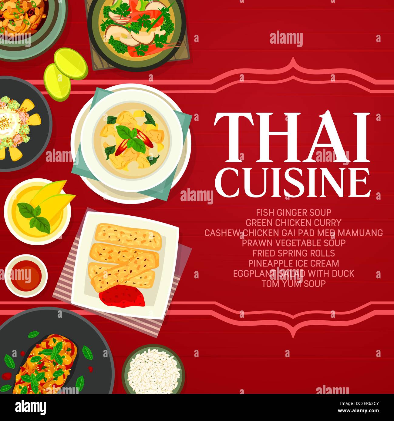 Thai cuisine vector pineapple ice cream, fish ginger soup and cashew