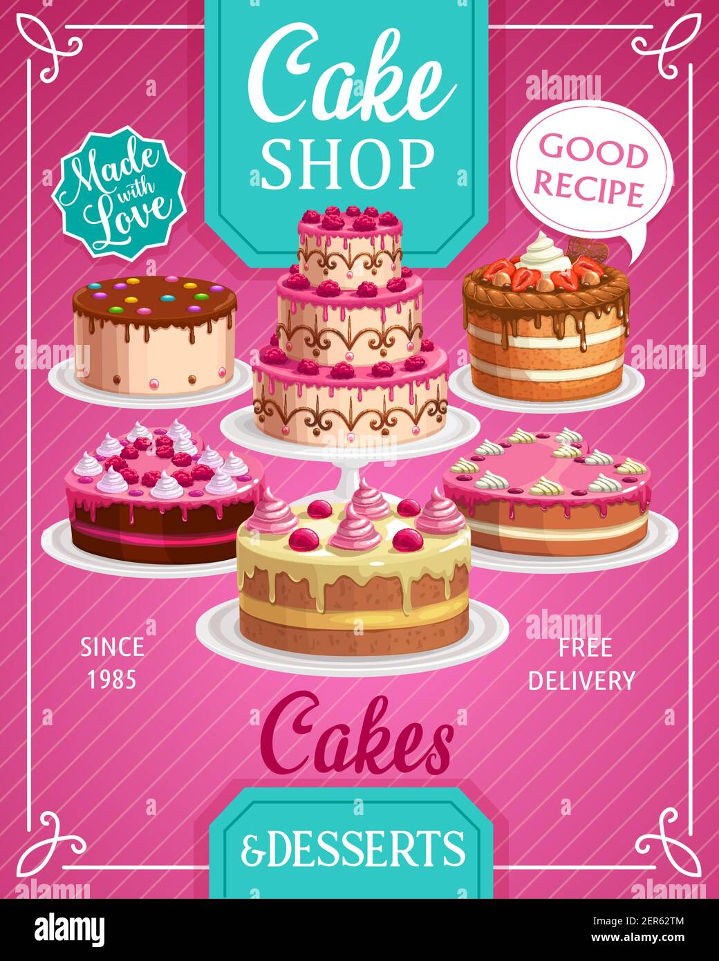 Cakes shop vector bakery, sweet confectionery production store, pastry