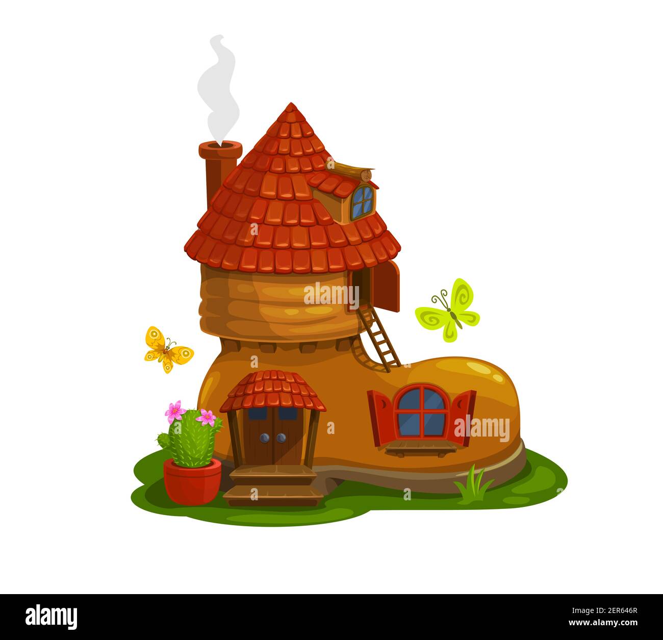 Gnome, dwarf or pixie fairytale house in shape of boot cartoon vector. Magical creature home in shoe with smoking chimney on tiled roof, cactus in flo Stock Vector