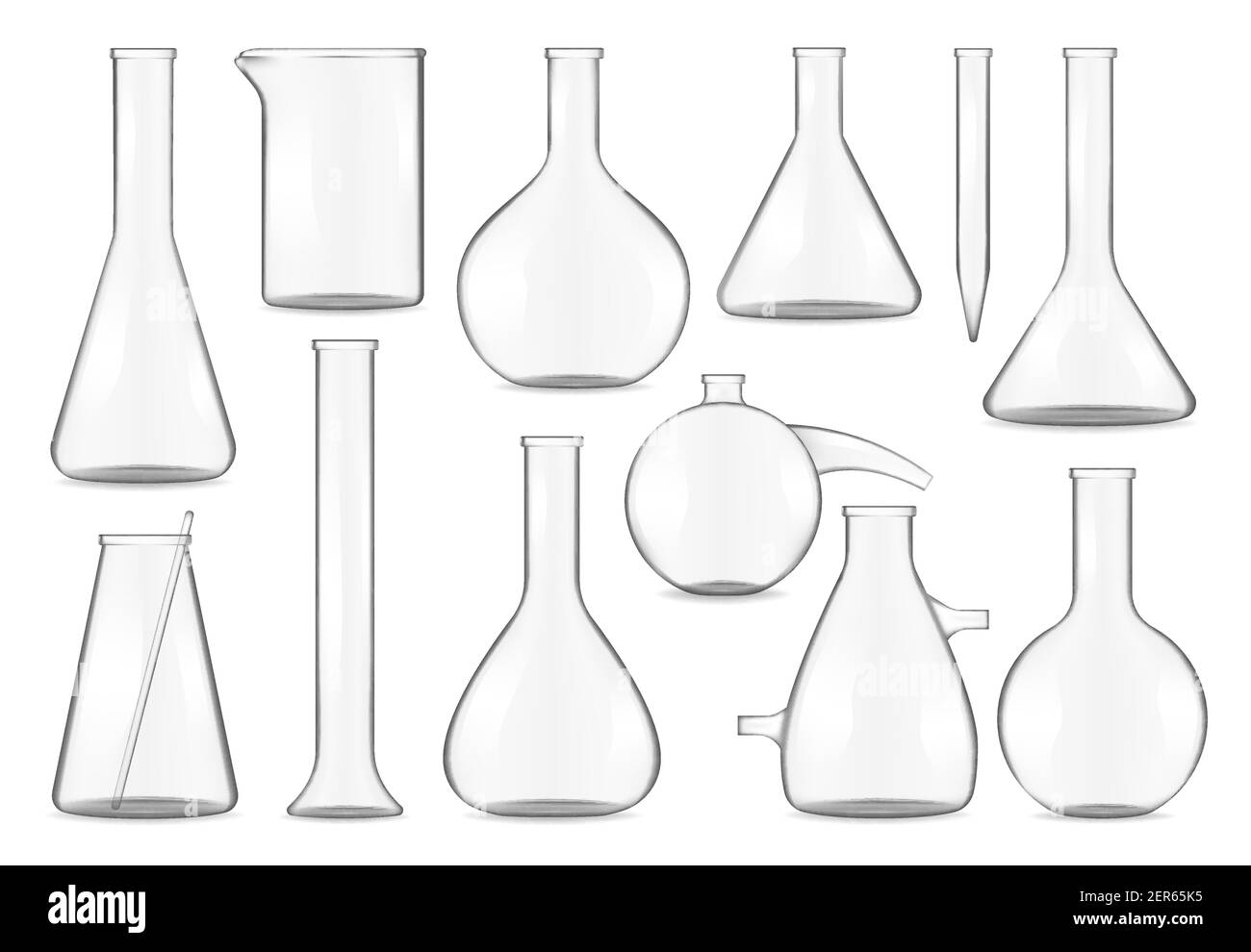 Glass test tubes, chemistry flasks and beakers realistic isolated 3d vector mock up. Transparent