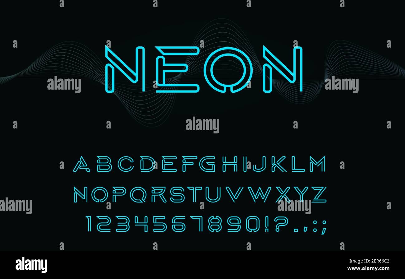 Neon type font, glowing vector alphabet letters, digits and punctuation