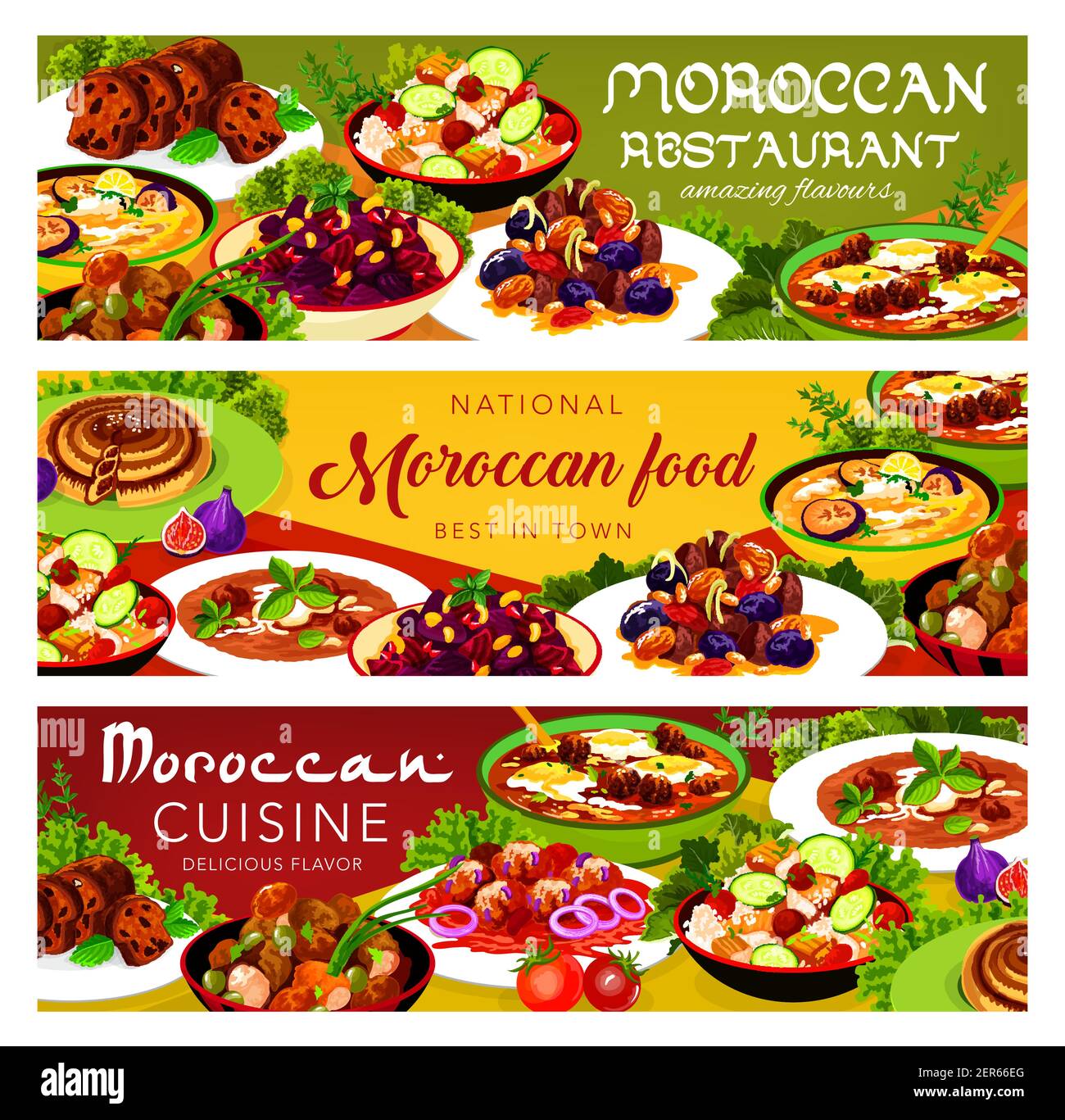 Moroccan food vector chicken soup, couscous salad with vegetables, Balkan  cold eggplant soup. Payla, fishball with tomato sauce, pie with dates,  meatb Stock Vector Image & Art - Alamy