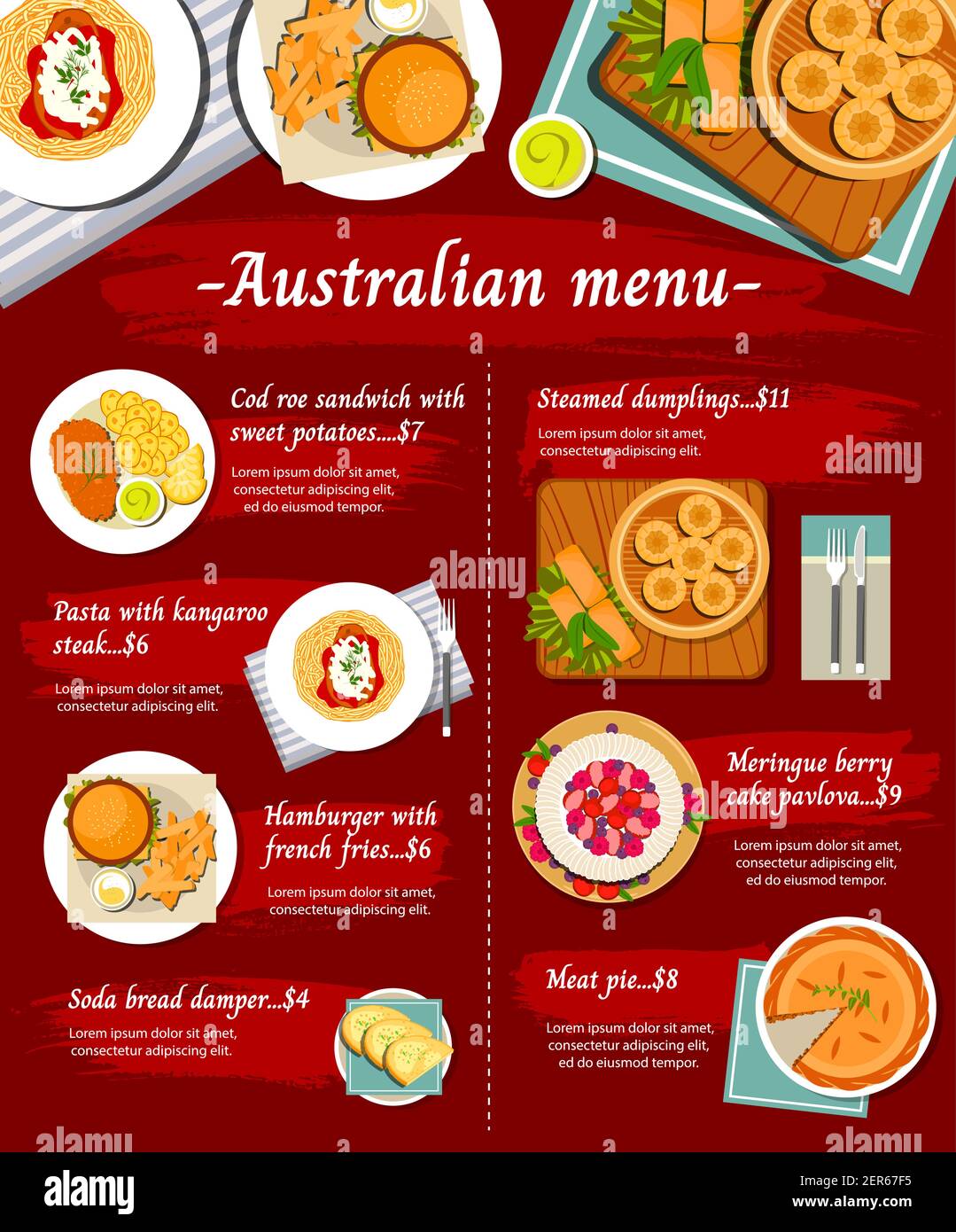 food cuisine, menu dishes and Australia meals, vector restaurant lunch and dinner. Australian traditional food menu hamburger with french f Stock Vector Image & Art - Alamy