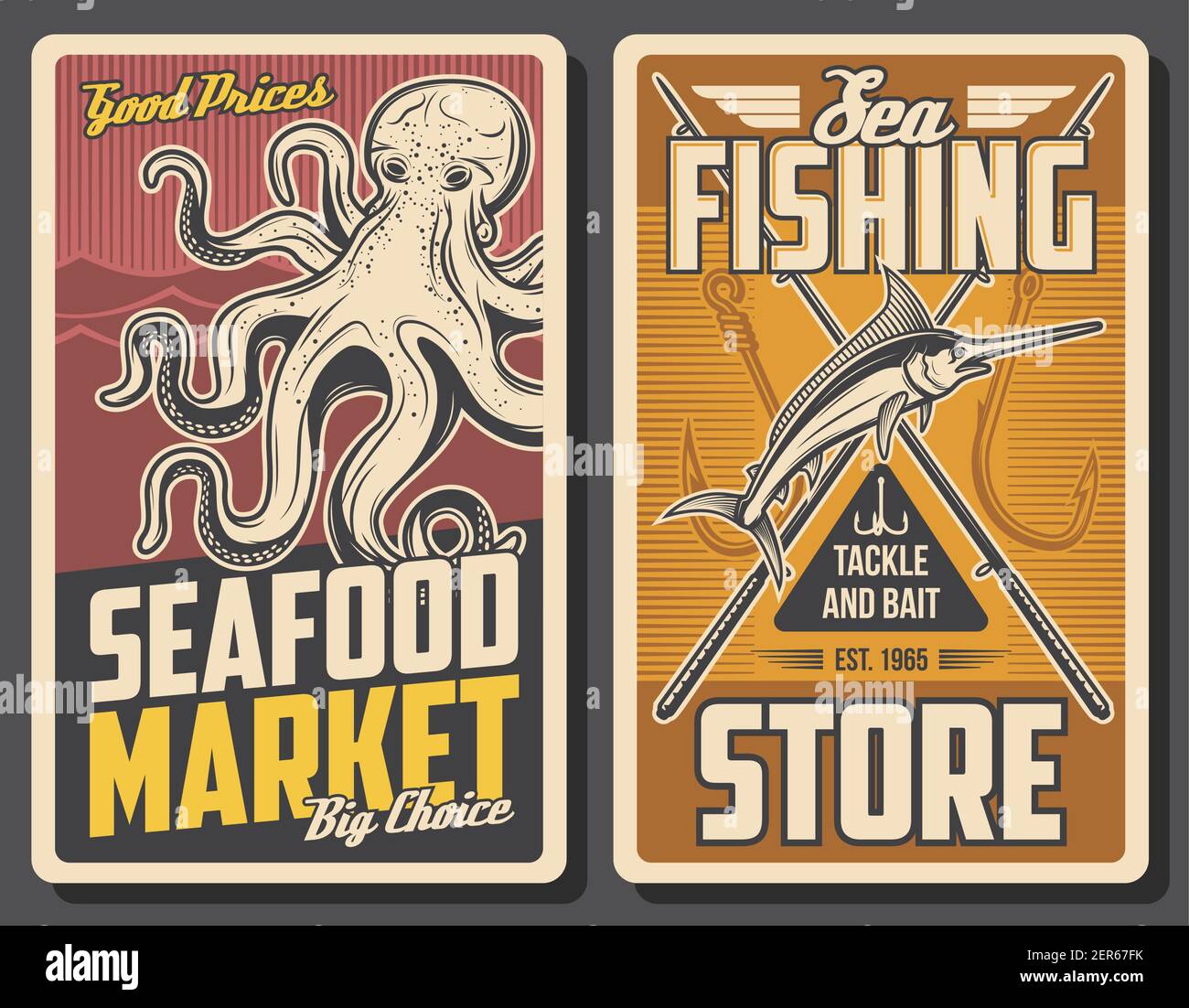 Seafood market and fishing store banner. Big octopus and jumping marlin fish, fishhooks and crossed rods vector. Fresh seafood products, fishing tackl Stock Vector